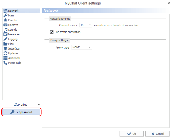 Password for accessing MyChat Client settings