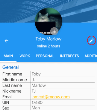 Screen of MyChat for Android user's profile