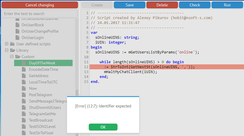 Information about errors appeared when compiling or running the script on MyChat Server
