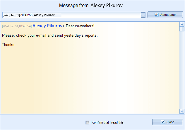 Notification with a return receipt in MyChat messenger