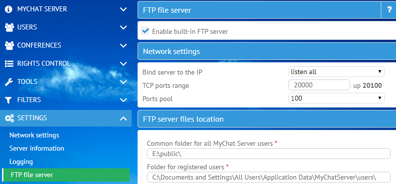 MyChat FTP settings
