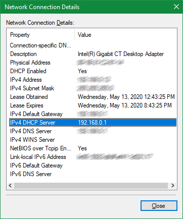 IP address of DNS server in Windows