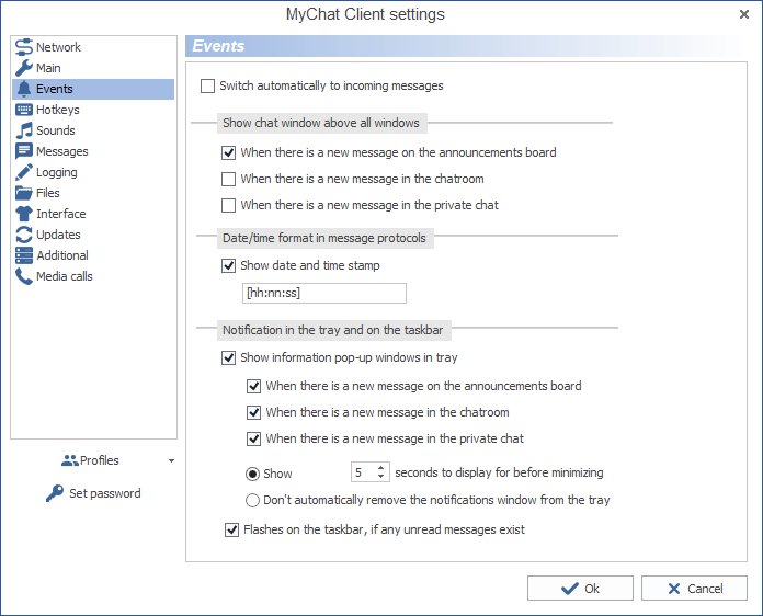 Settings for MyChat Client events