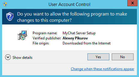 Message from UAC about MyChat Server installation