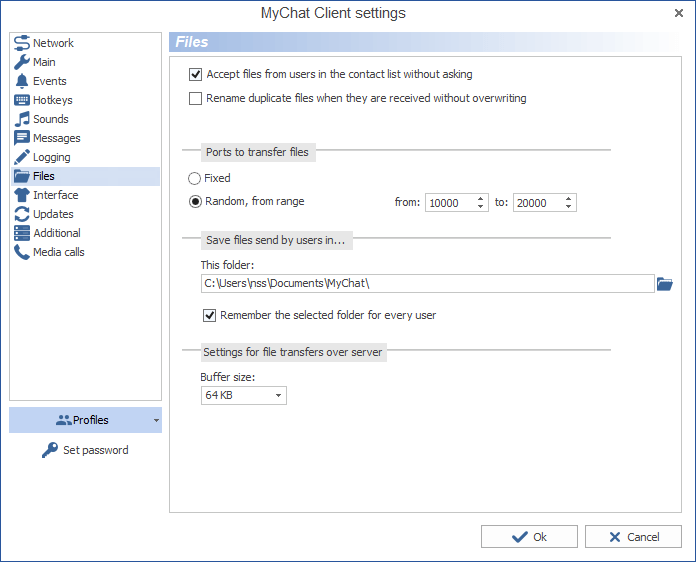 MyChat Client settings for exchanging files and folders