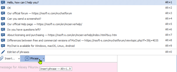 How to insert a quick message in MyChat Client?