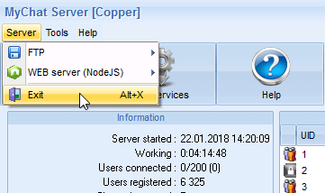 MyChat Server interface main menu