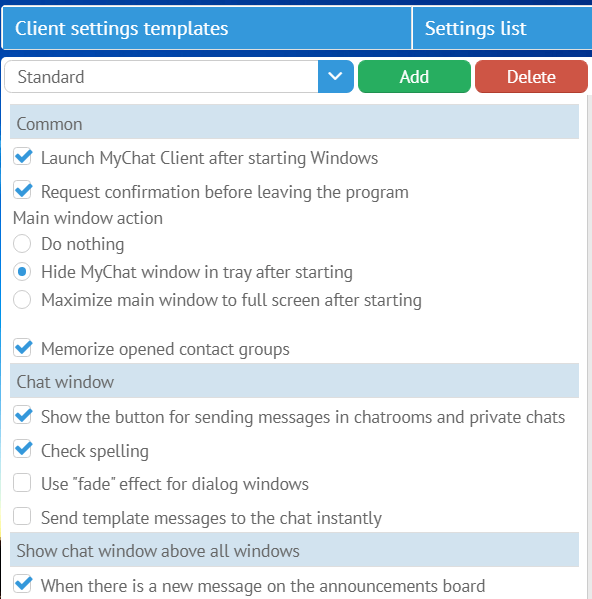 Setting templates on MyChat server