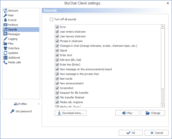 Configuring sounds in MyChat Client