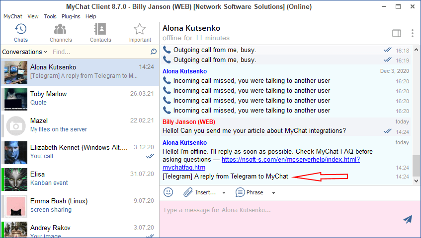 How does the message from Telegram look in MyChat messenger