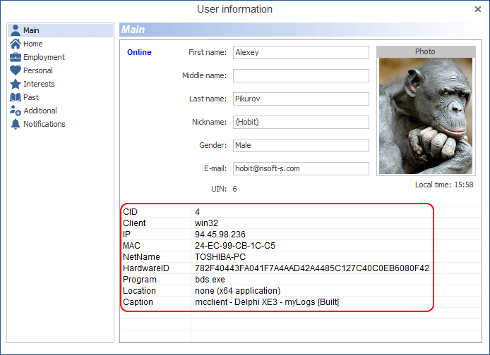 MyChat Client user system information