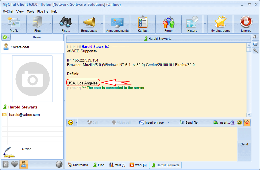 Website visitor information for WEB support operator